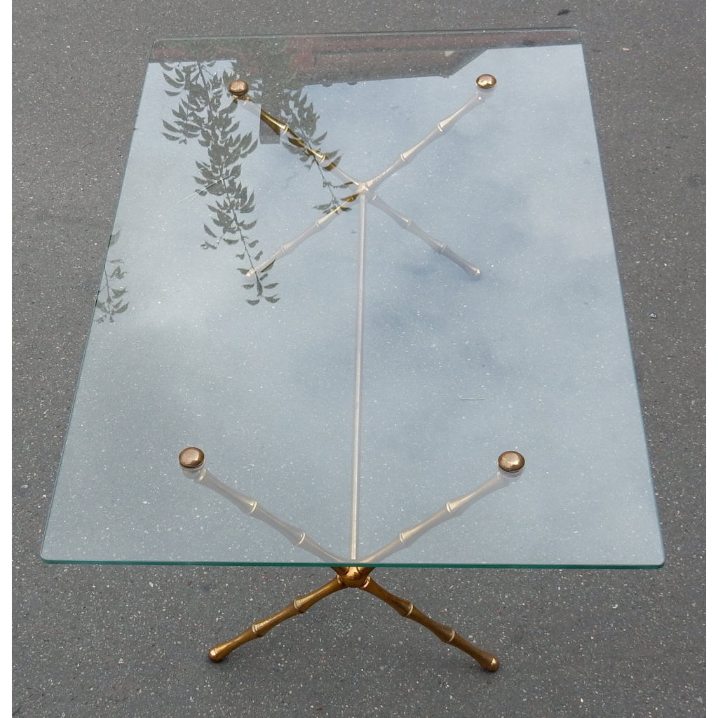 1950/70 Table Basse en Bronze Doré Maison Baguès Modèle Bambou, Entretoise, Plateau en Verre Vissé