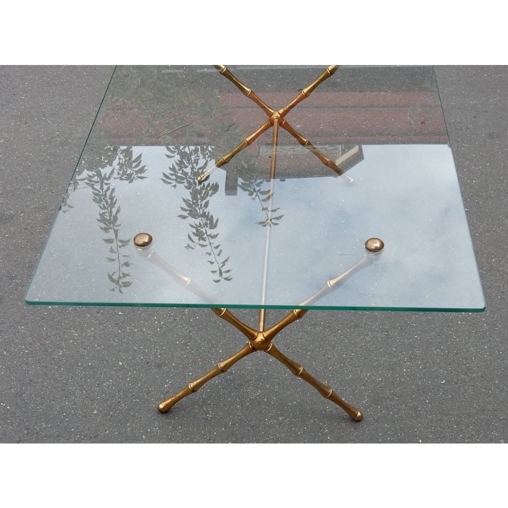 1950/70 Table Basse en Bronze Doré Maison Baguès Modèle Bambou, Entretoise, Plateau en Verre Vissé