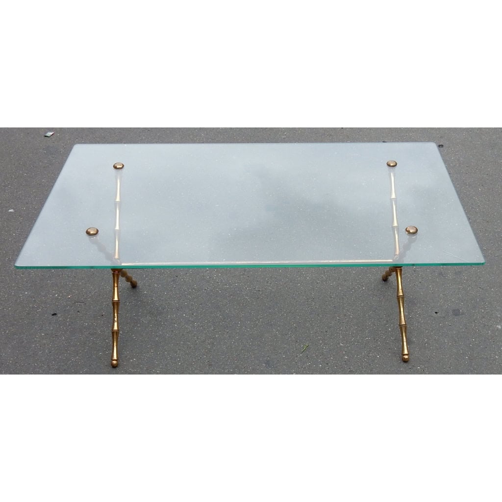 1950/70 Table Basse en Bronze Doré Maison Baguès Modèle Bambou, Entretoise, Plateau en Verre Vissé
