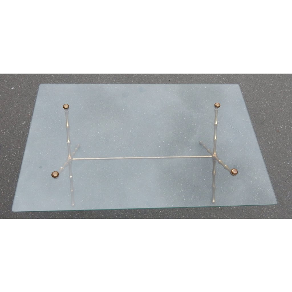 1950/70 Table Basse en Bronze Doré Maison Baguès Modèle Bambou, Entretoise, Plateau en Verre Vissé