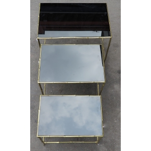 1950/70 Série de 3 Tables Gigognes Modèle Bambou avec Opaline Noire Maison Baguès