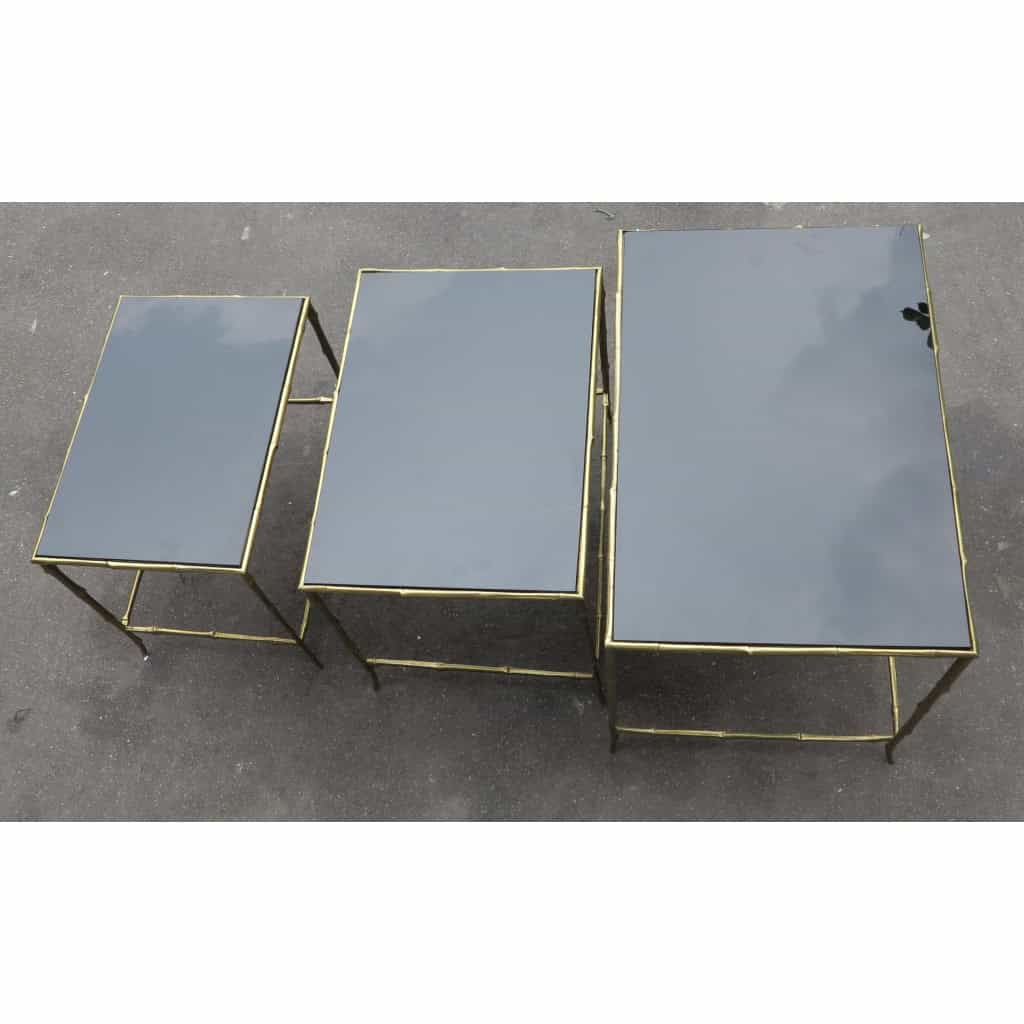 1950/70 Série de 3 Tables Gigognes Modèle Bambou avec Opaline Noire Maison Baguès