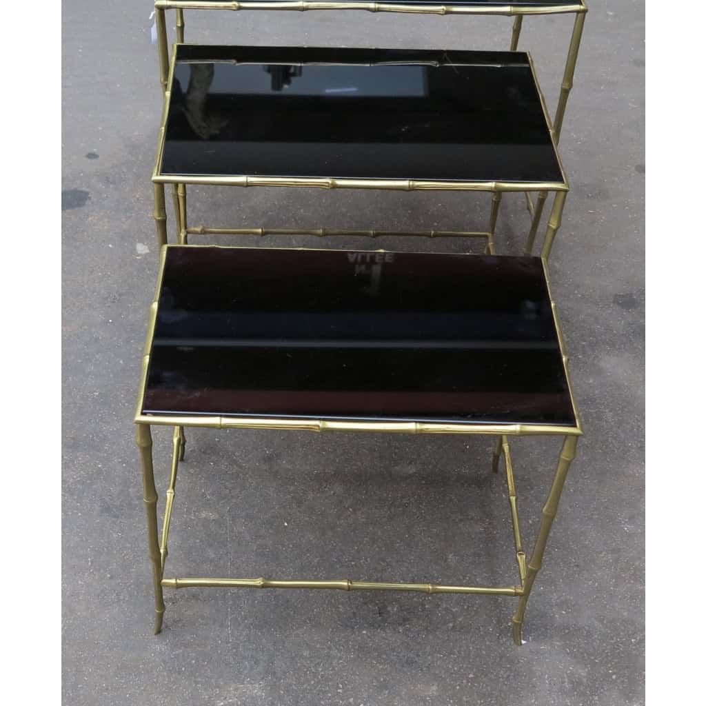 1950/70 Série de 3 Tables Gigognes Modèle Bambou avec Opaline Noire Maison Baguès