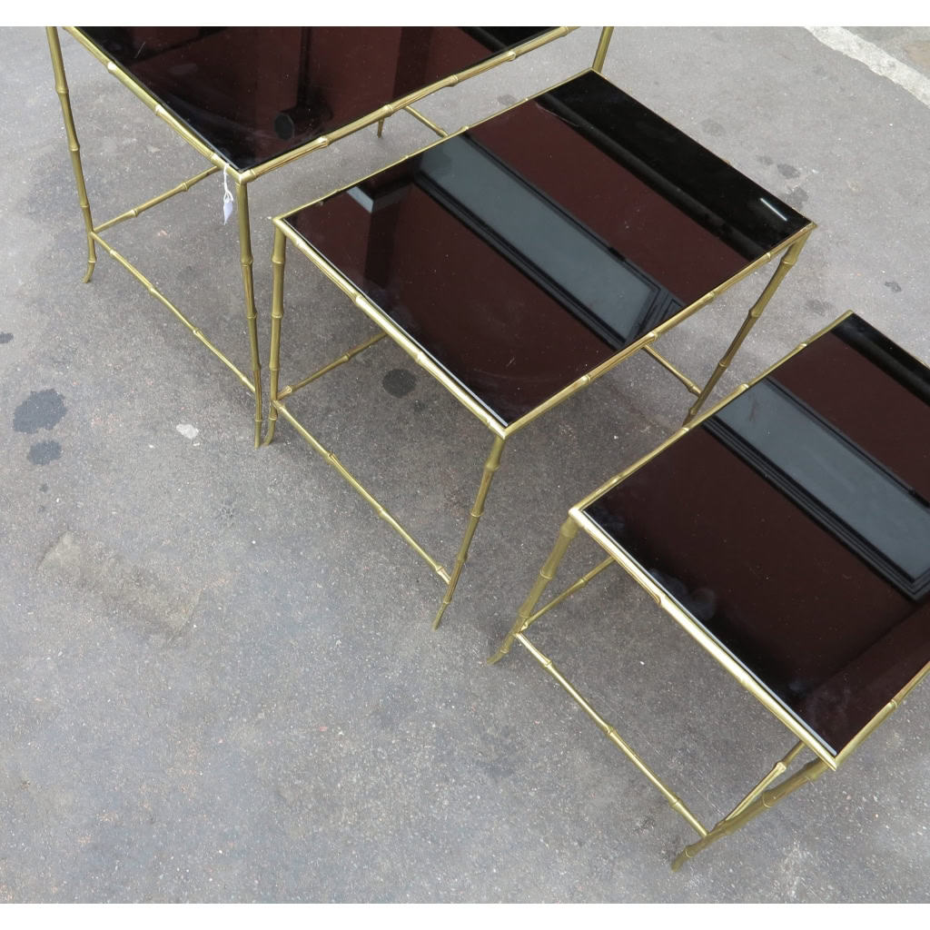 1950/70 Série de 3 Tables Gigognes Modèle Bambou avec Opaline Noire Maison Baguès