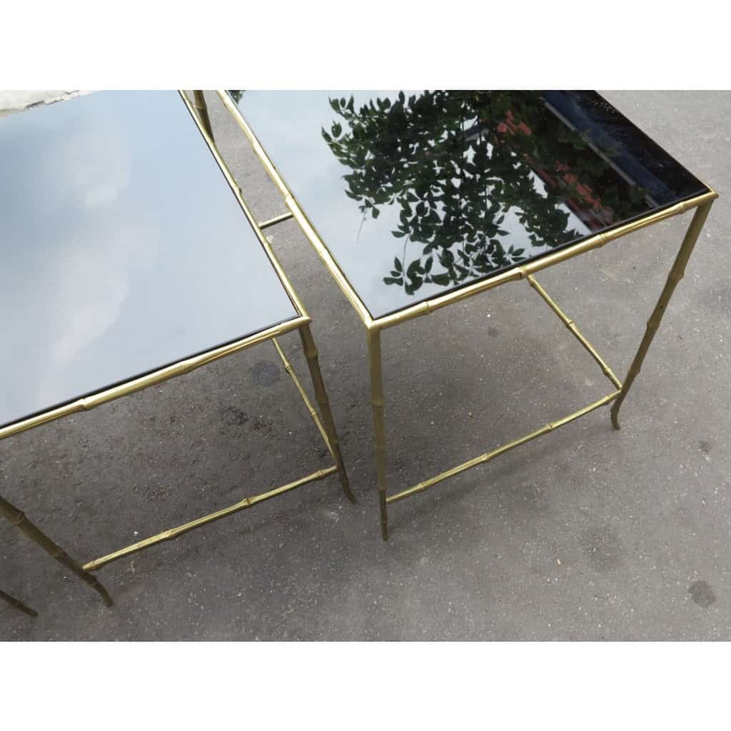 1950/70 Série de 3 Tables Gigognes Modèle Bambou avec Opaline Noire Maison Baguès