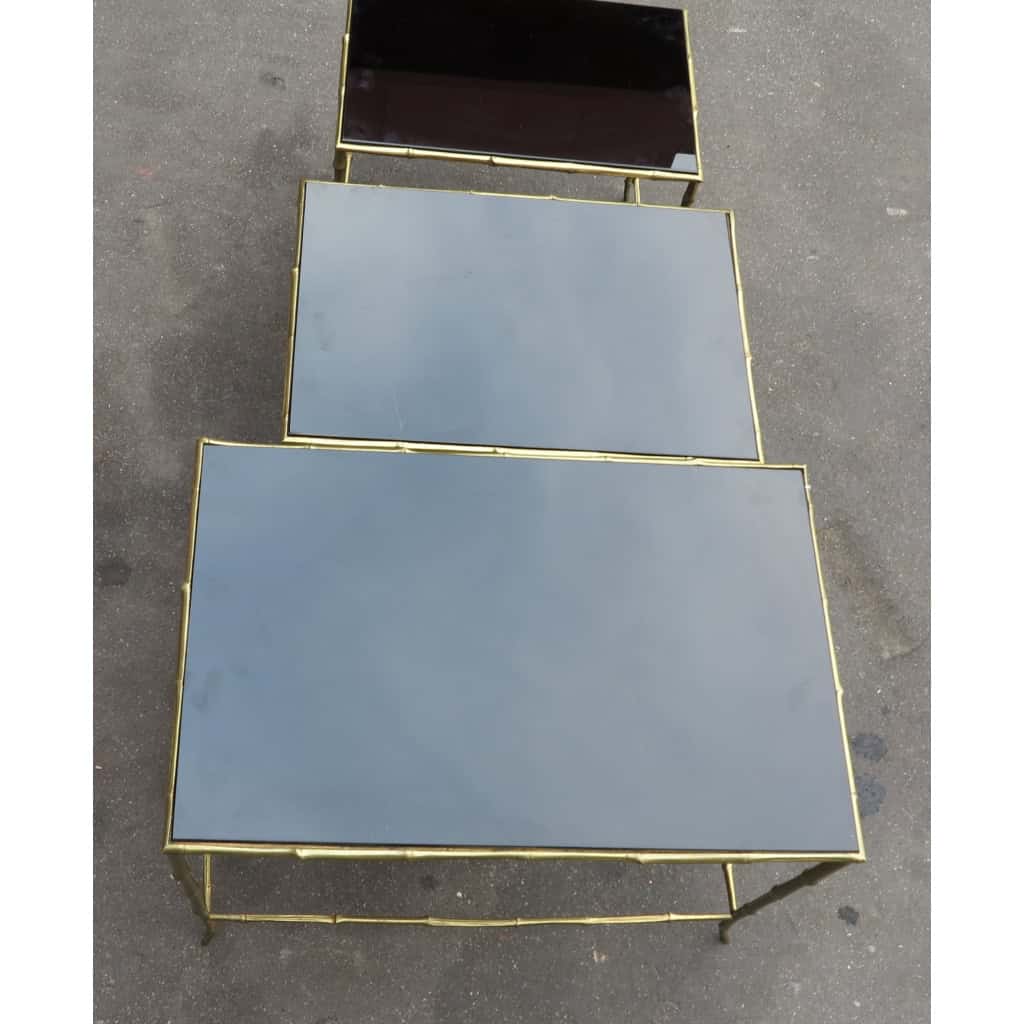 1950/70 Série de 3 Tables Gigognes Modèle Bambou avec Opaline Noire Maison Baguès