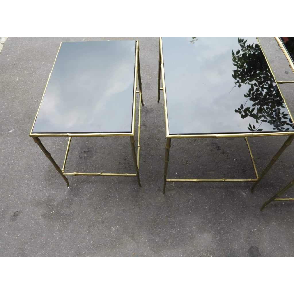 1950/70 Série de 3 Tables Gigognes Modèle Bambou avec Opaline Noire Maison Baguès