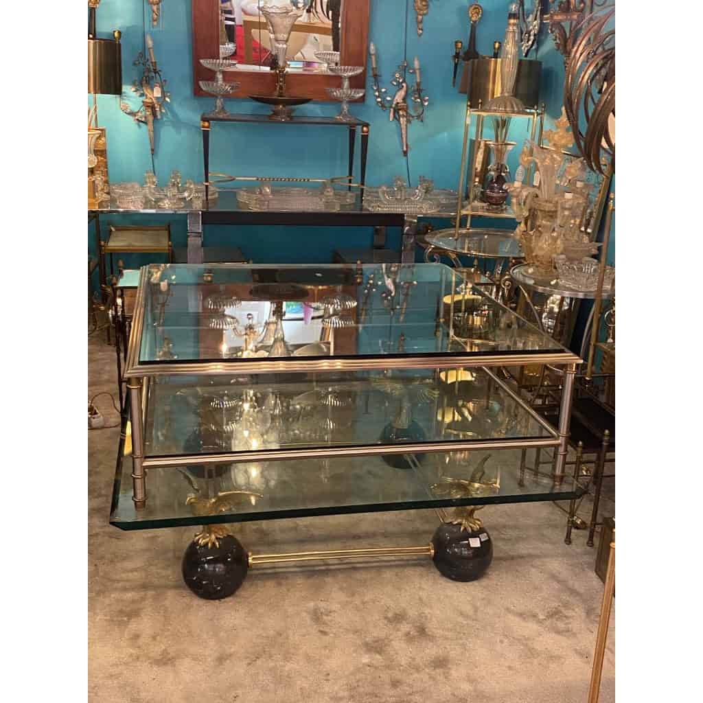 1950/70′ Table Basse Maison Jansen Bronze Ou Laiton Patiné Et Argenté