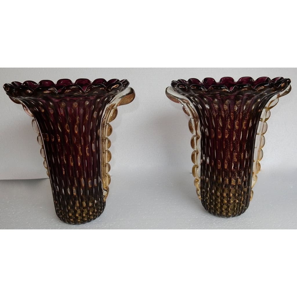 1970′ Paire de Vases Cristal Murano Violine et Or Signés Toso