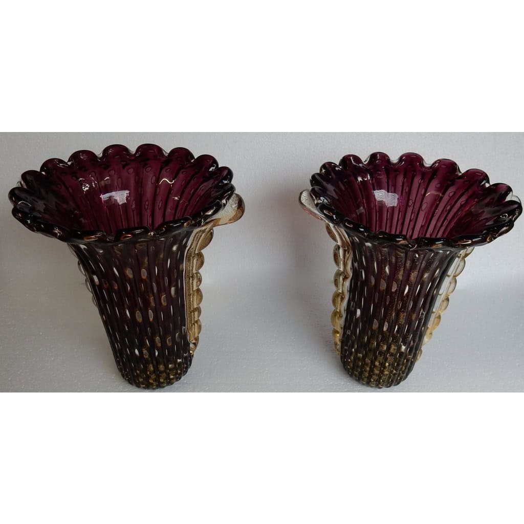 1970′ Paire de Vases Cristal Murano Violine et Or Signés Toso