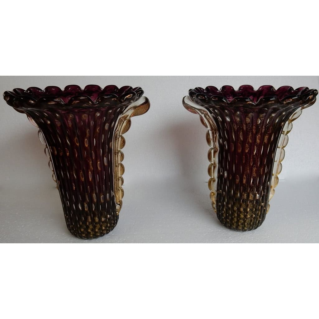 1970′ Paire de Vases Cristal Murano Violine et Or Signés Toso