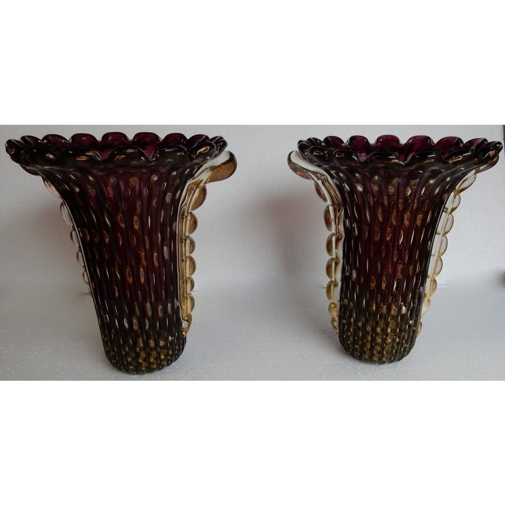 1970′ Paire de Vases Cristal Murano Violine et Or Signés Toso