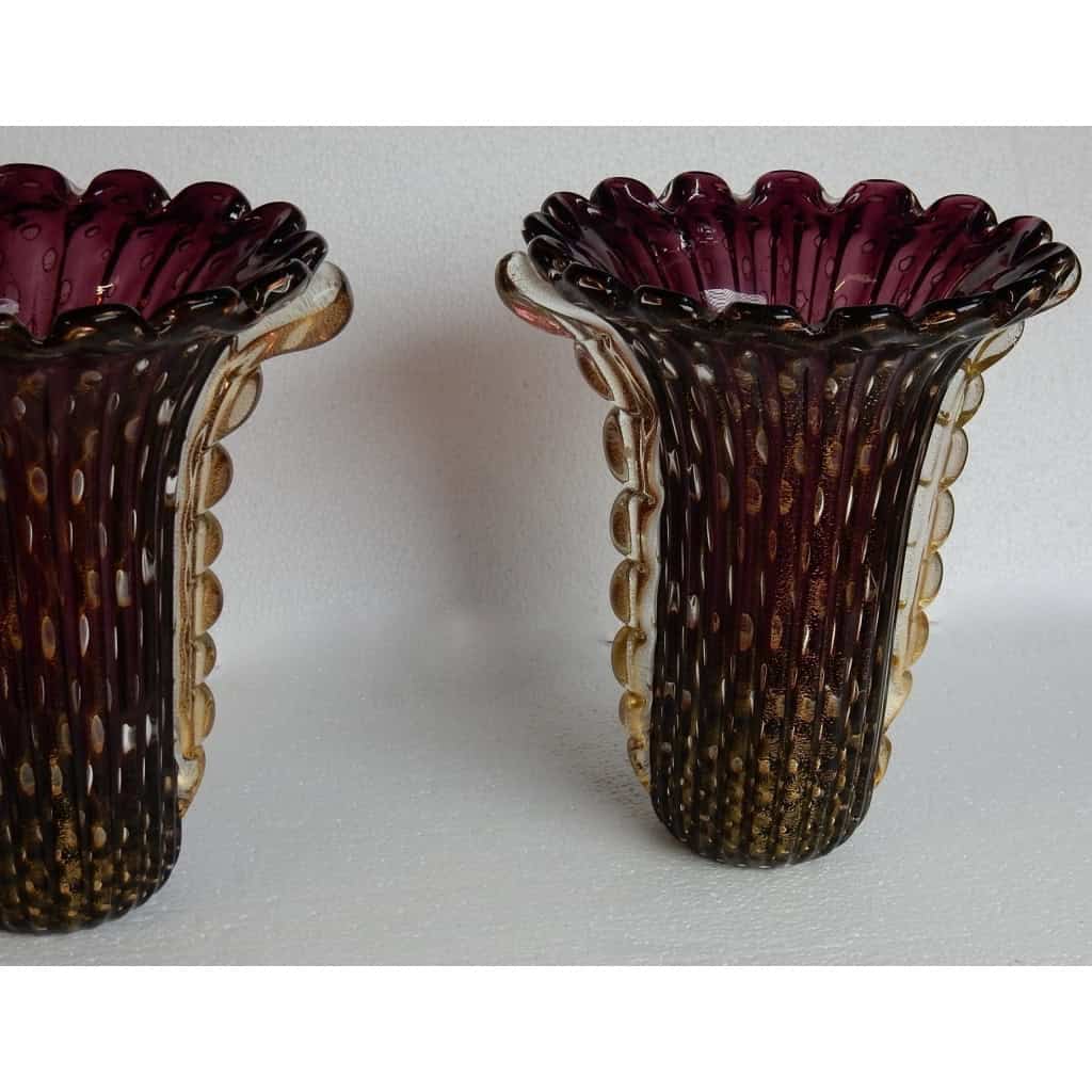 1970′ Paire de Vases Cristal Murano Violine et Or Signés Toso