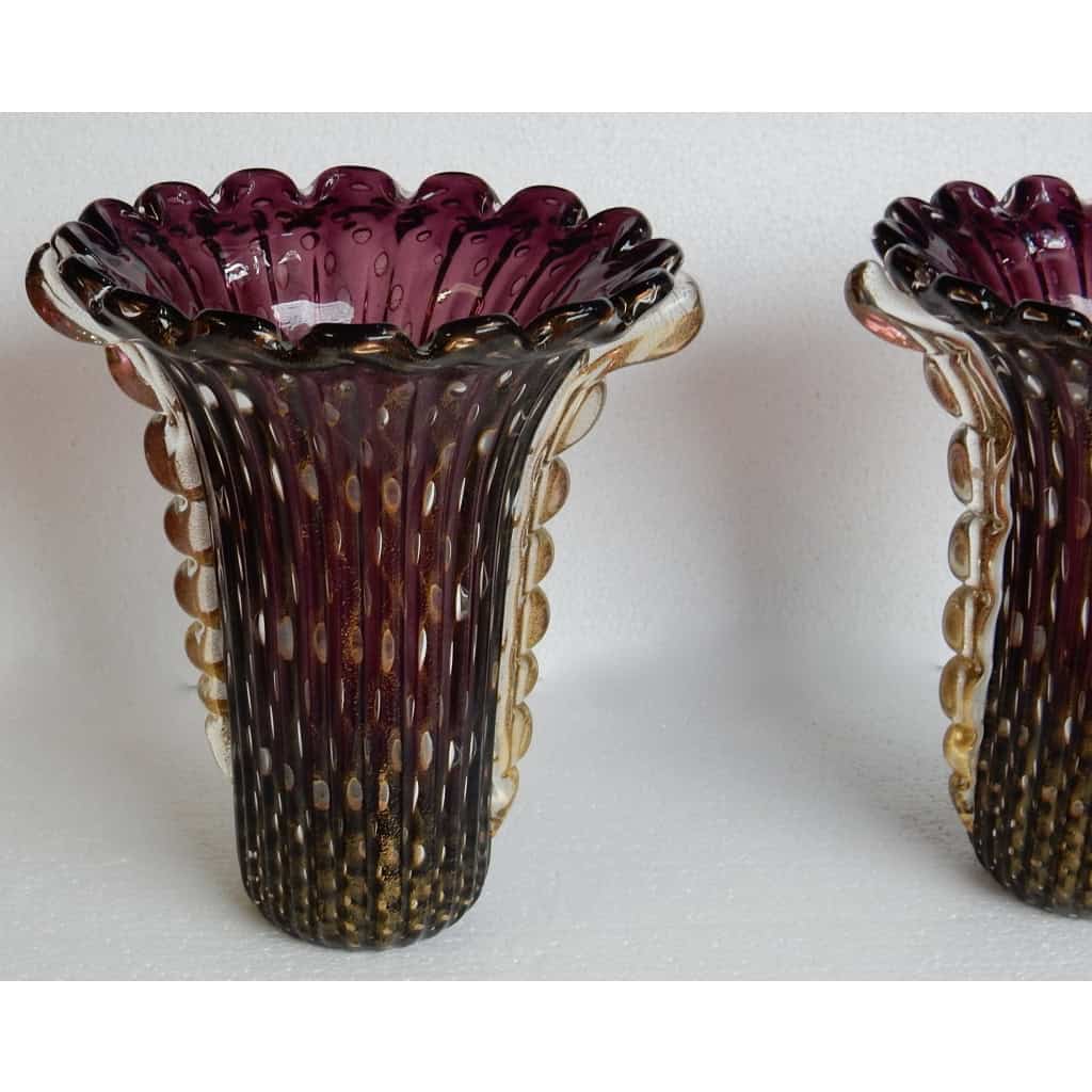 1970′ Paire de Vases Cristal Murano Violine et Or Signés Toso