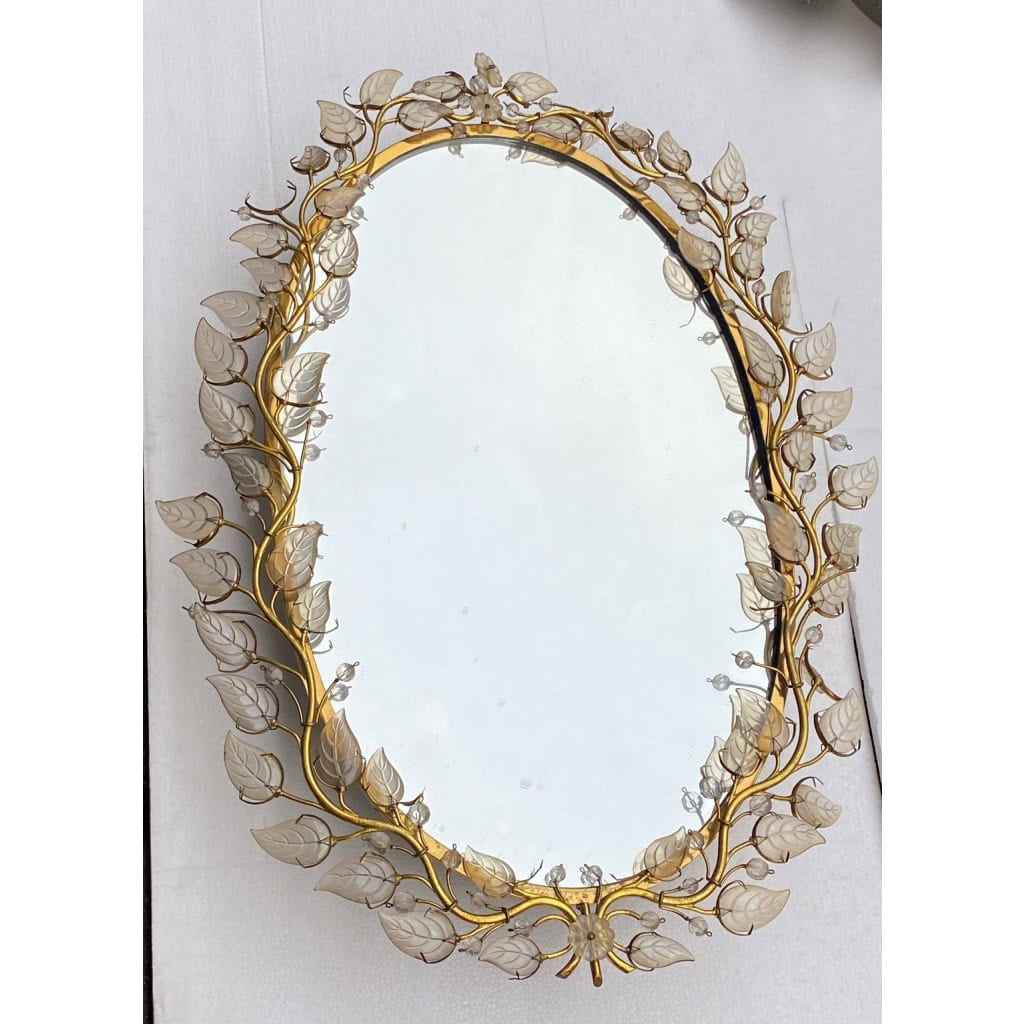 1970′ Miroir Eclairant Ou Applique à Décor de Fleurs Style Maison Baguès Feuilles en Verre 6 Ampoules | Biron |||||||||||