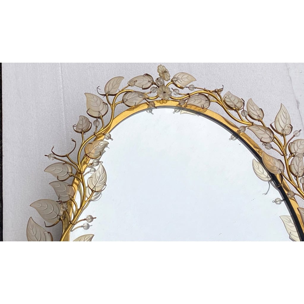 1970′ Miroir Eclairant Ou Applique à Décor de Fleurs Style Maison Baguès Feuilles en Verre 6 Ampoules | Biron 1970′ Miroir Eclairant Ou Applique à Décor de Fleurs Style Maison Baguès Feuilles en Verre 6 Ampoules