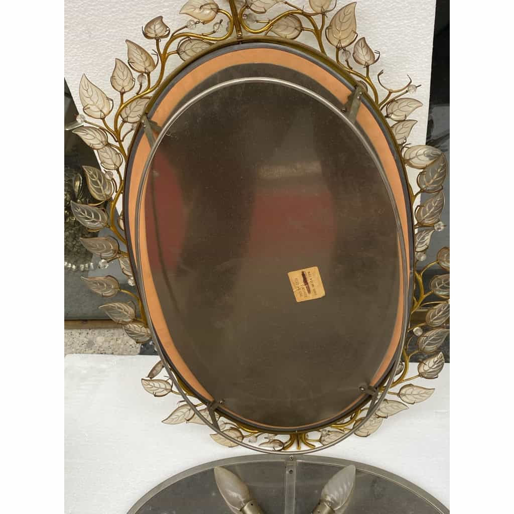 1970′ Miroir Eclairant Ou Applique à Décor de Fleurs Style Maison Baguès Feuilles en Verre 6 Ampoules | Biron 1970′ Miroir Eclairant Ou Applique à Décor de Fleurs Style Maison Baguès Feuilles en Verre 6 Ampoules