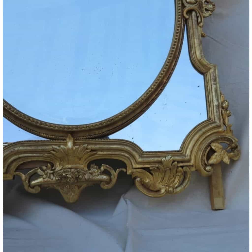 1880′ Miroir Napoléon III à Pare-closes et Médaillon Central Ovale Biseauté, aux Anges, Bois et Stuc Doré feuilles D’Or 5