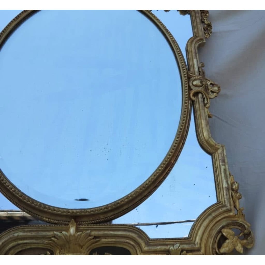 1880′ Miroir Napoléon III à Pare-closes et Médaillon Central Ovale Biseauté, aux Anges, Bois et Stuc Doré feuilles D’Or 9