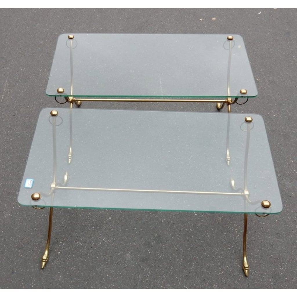 1970′ Paire de Tables Aux Têtes de Cygnes en Laiton Avec Plateaux en Verre
