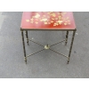 1970′ Série de 3 Tables Gigognes Style Maison Jansen Déco Bambou en Bronze Doré Plateaux avec Laque de Chine Rouge Décor de Paysage avec Oiseau 13