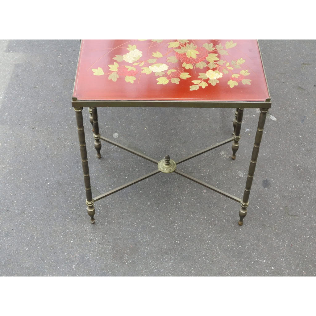 1970′ Série de 3 Tables Gigognes Style Maison Jansen Déco Bambou en Bronze Doré Plateaux avec Laque de Chine Rouge Décor de Paysage avec Oiseau 5