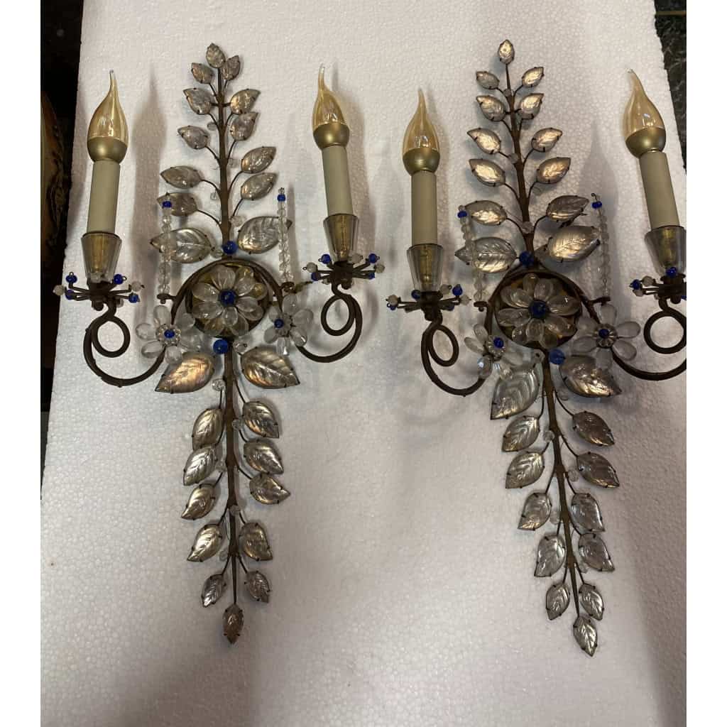 1950/70′ Paire d’Appliques à la Marguerite Maison Baguès Avec Perles De Verre Bleues | Biron ||||||||||||||