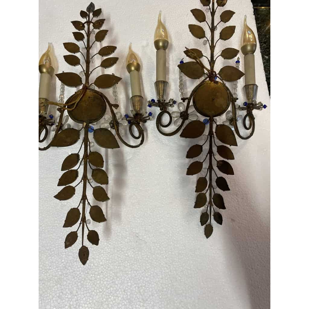 1950/70′ Paire d’Appliques à la Marguerite Maison Baguès Avec Perles De Verre Bleues | Biron 1950/70′ Paire d’Appliques à la Marguerite Maison Baguès Avec Perles De Verre Bleues