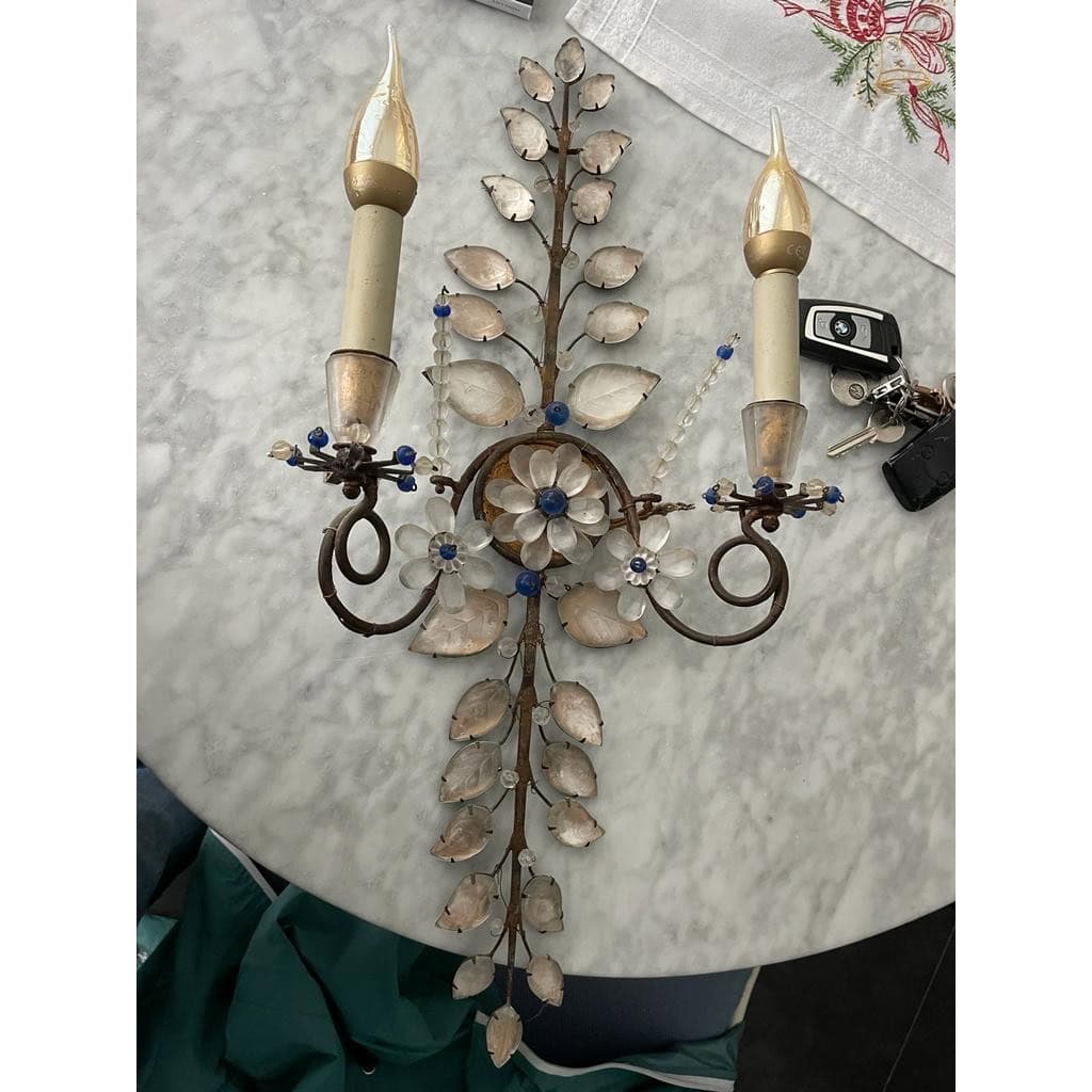 1950/70′ Paire d’Appliques à la Marguerite Maison Baguès Avec Perles De Verre Bleues | Biron 1950/70′ Paire d’Appliques à la Marguerite Maison Baguès Avec Perles De Verre Bleues