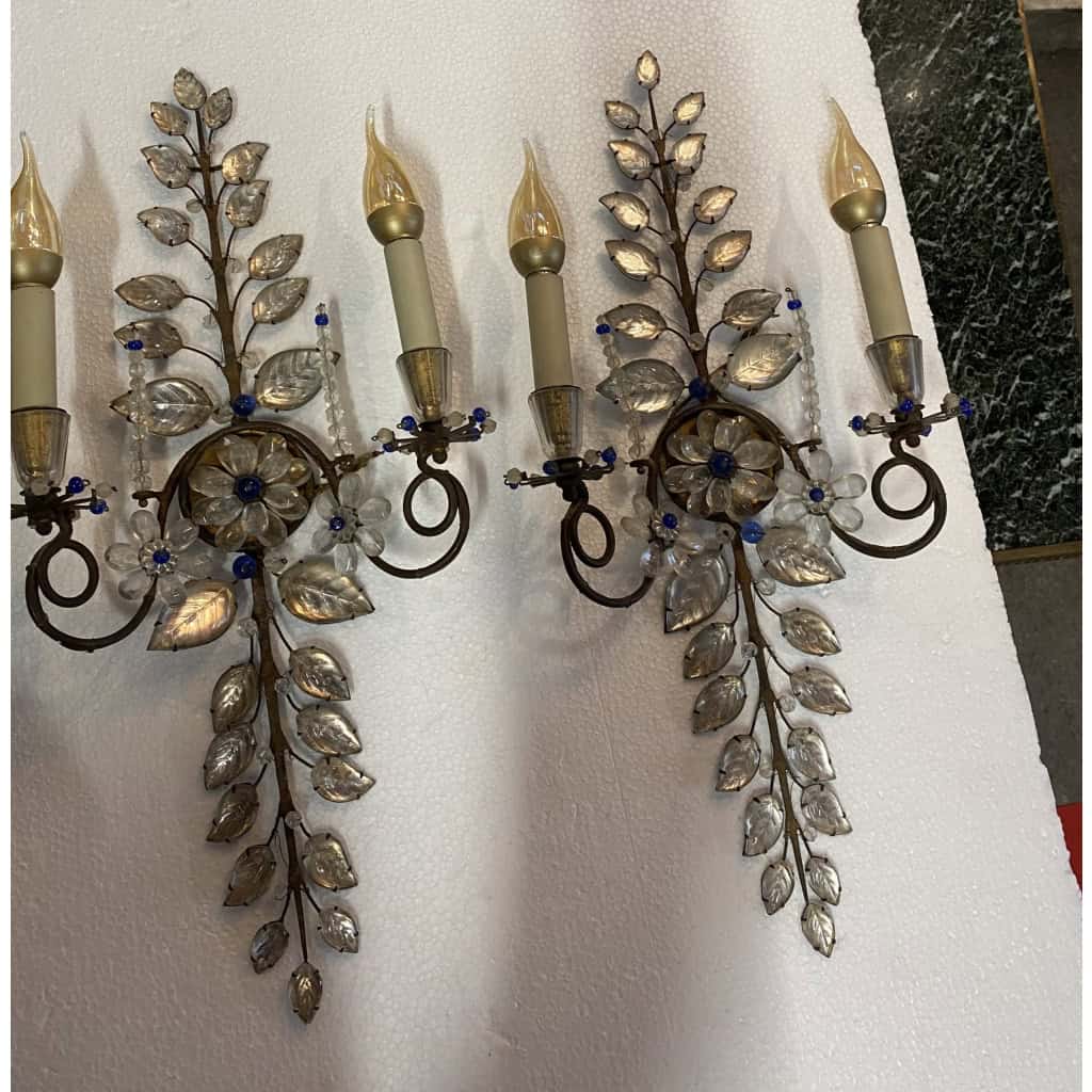 1950/70′ Paire d’Appliques à la Marguerite Maison Baguès Avec Perles De Verre Bleues | Biron 1950/70′ Paire d’Appliques à la Marguerite Maison Baguès Avec Perles De Verre Bleues