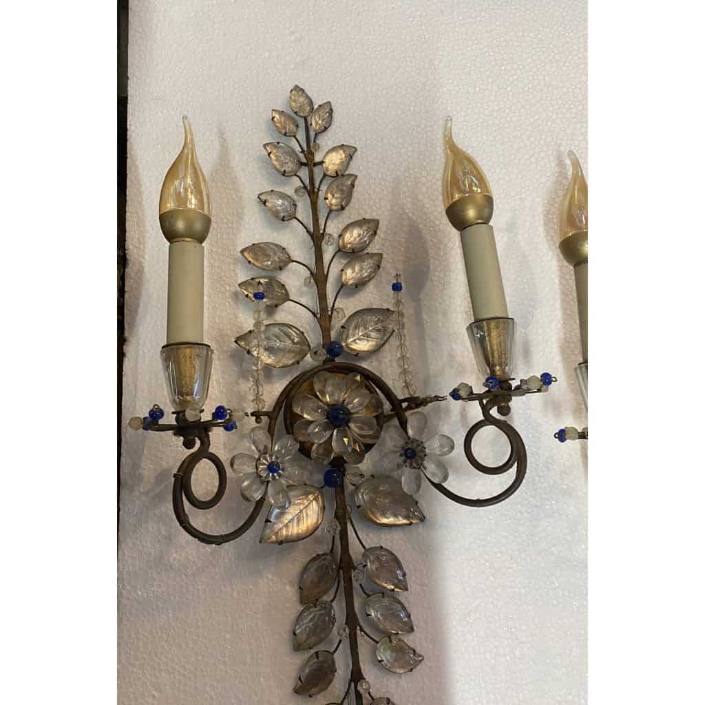 1950/70′ Paire d’Appliques à la Marguerite Maison Baguès Avec Perles De Verre Bleues | Biron 1950/70′ Paire d’Appliques à la Marguerite Maison Baguès Avec Perles De Verre Bleues