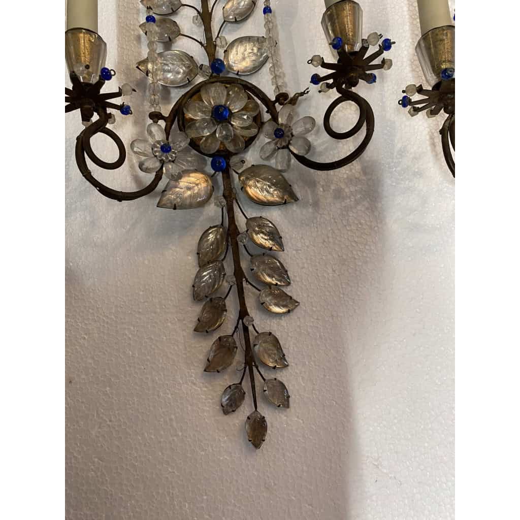 1950/70′ Paire d’Appliques à la Marguerite Maison Baguès Avec Perles De Verre Bleues | Biron 1950/70′ Paire d’Appliques à la Marguerite Maison Baguès Avec Perles De Verre Bleues