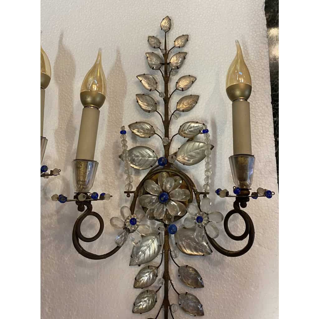1950/70′ Paire d’Appliques à la Marguerite Maison Baguès Avec Perles De Verre Bleues | Biron 1950/70′ Paire d’Appliques à la Marguerite Maison Baguès Avec Perles De Verre Bleues