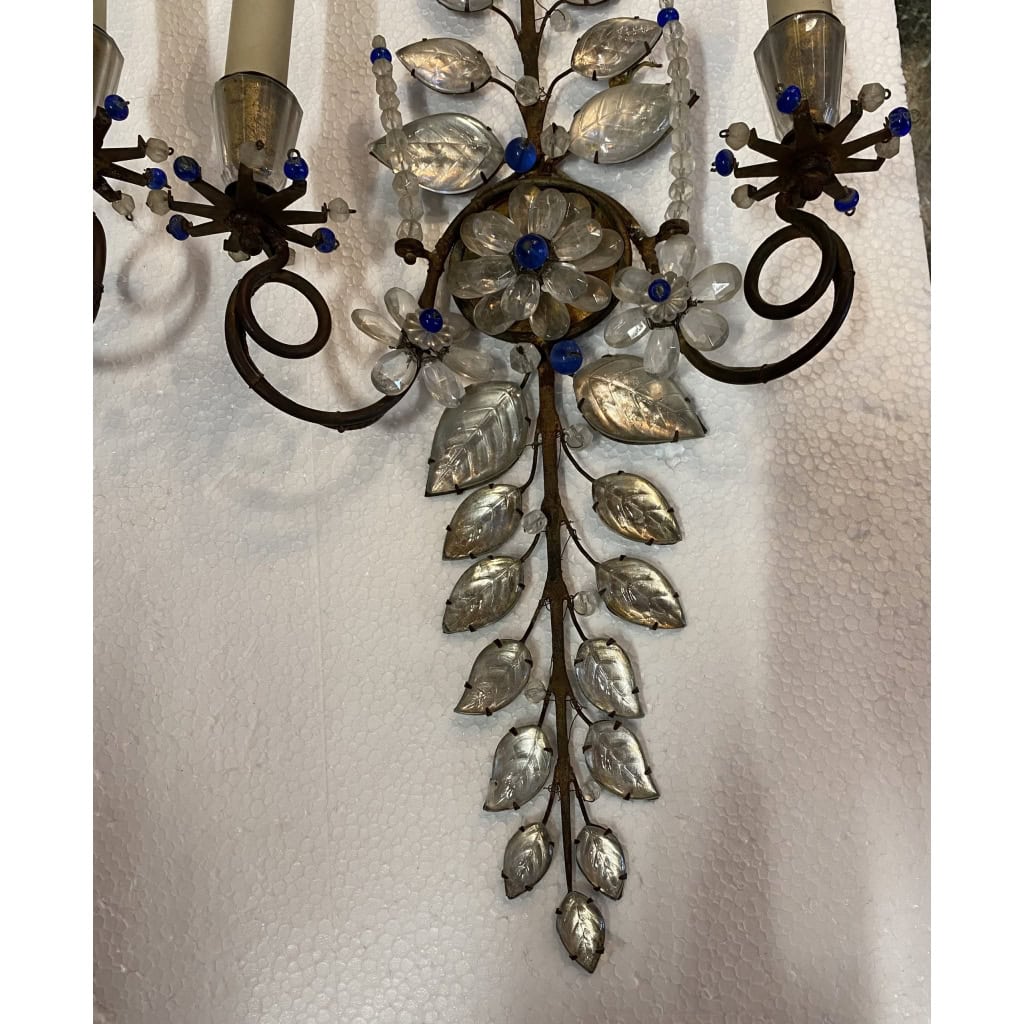 1950/70′ Paire d’Appliques à la Marguerite Maison Baguès Avec Perles De Verre Bleues | Biron 1950/70′ Paire d’Appliques à la Marguerite Maison Baguès Avec Perles De Verre Bleues