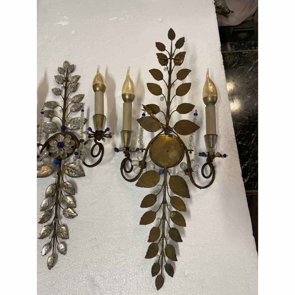 1950/70′ Paire d’Appliques à la Marguerite Maison Baguès Avec Perles De Verre Bleues | Biron 1950/70′ Paire d’Appliques à la Marguerite Maison Baguès Avec Perles De Verre Bleues