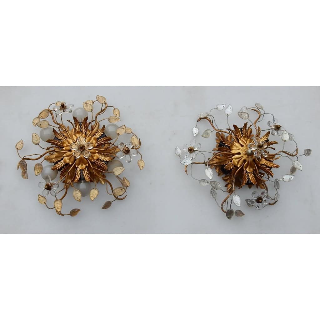 1970′ Paire ou Similaires de 2 Plafonniers ou Appliques à Décor de Fleurs et Feuilles en Métal Style Maison Baguès Feuilles en Verre | Biron |||||||||