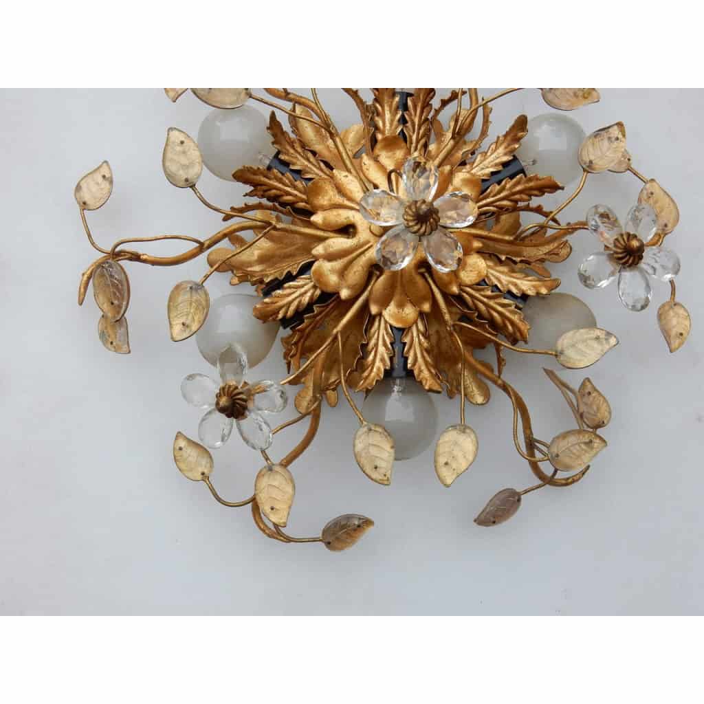 1970′ Paire ou Similaires de 2 Plafonniers ou Appliques à Décor de Fleurs et Feuilles en Métal Style Maison Baguès Feuilles en Verre | Biron 1970′ Paire ou Similaires de 2 Plafonniers ou Appliques à Décor de Fleurs et Feuilles en Métal Style Maison Baguès Feuilles en Verre