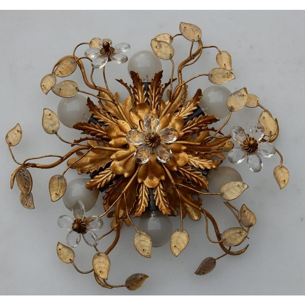 1970′ Paire ou Similaires de 2 Plafonniers ou Appliques à Décor de Fleurs et Feuilles en Métal Style Maison Baguès Feuilles en Verre | Biron 1970′ Paire ou Similaires de 2 Plafonniers ou Appliques à Décor de Fleurs et Feuilles en Métal Style Maison Baguès Feuilles en Verre