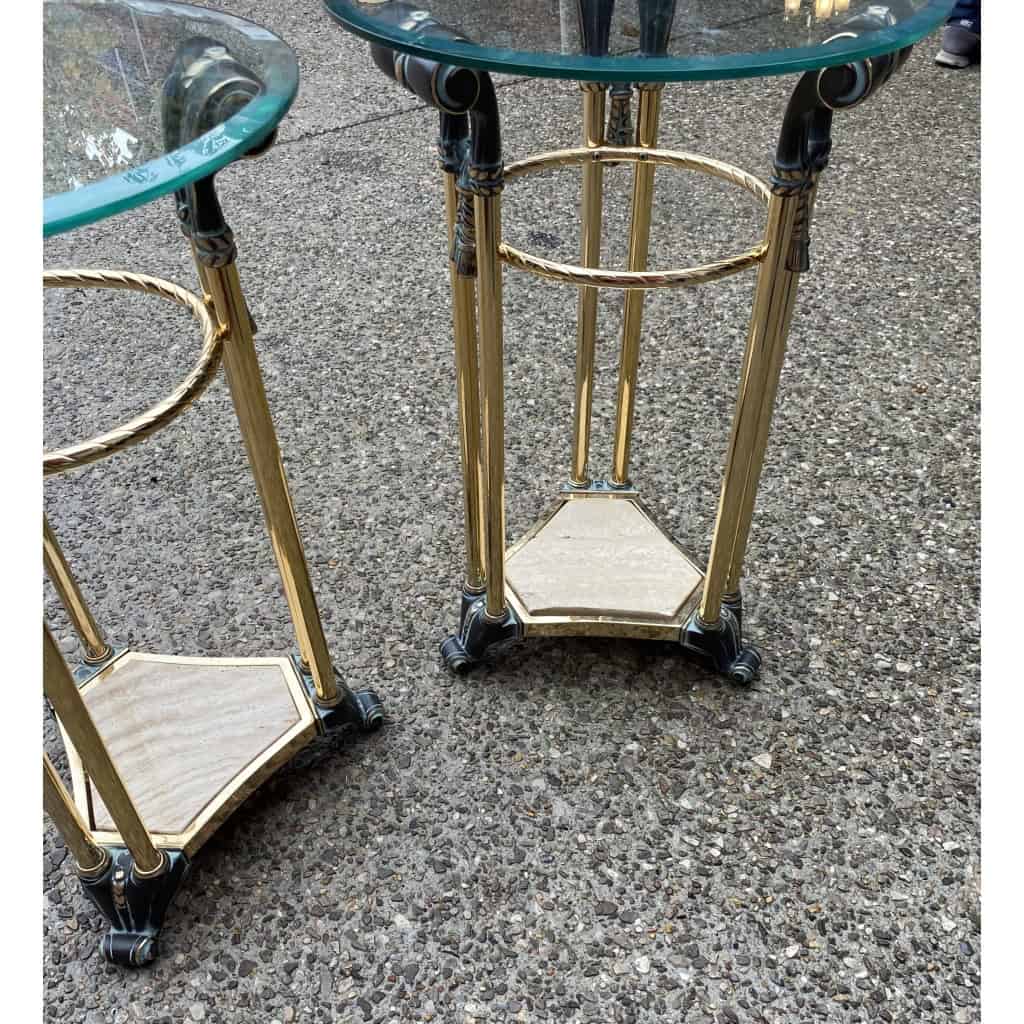 1970′ Paire de Guéridons Bronze Patiné Et Métal Doré Dans Le Gout De Weisweiler
