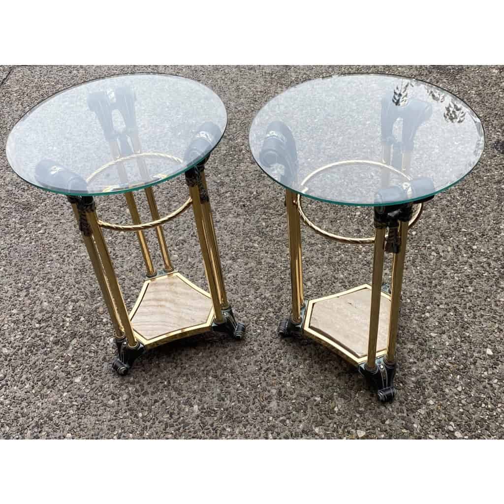 1970′ Paire de Guéridons Bronze Patiné Et Métal Doré Dans Le Gout De Weisweiler