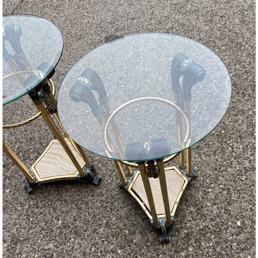 1970′ Paire de Guéridons Bronze Patiné Et Métal Doré Dans Le Gout De Weisweiler