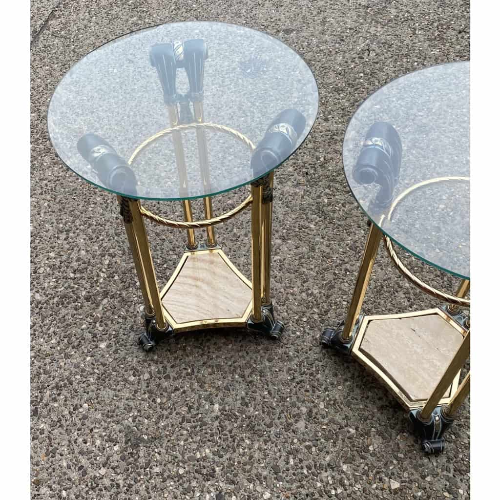 1970′ Paire de Guéridons Bronze Patiné Et Métal Doré Dans Le Gout De Weisweiler