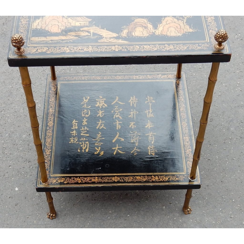1950′ Table Maison Baguès Décor Bambou en Bronze Doré Avec Plateaux Laque de Chine