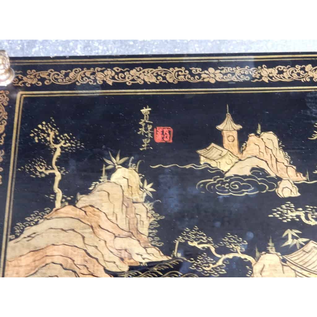 1950′ Table Maison Baguès Décor Bambou en Bronze Doré Avec Plateaux Laque de Chine