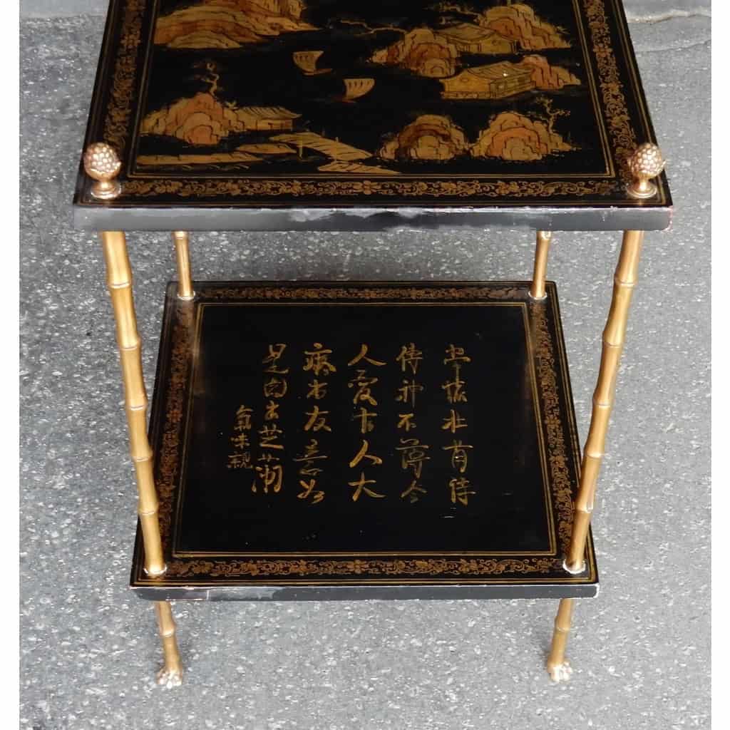1950′ Table Maison Baguès Décor Bambou en Bronze Doré Avec Plateaux Laque de Chine