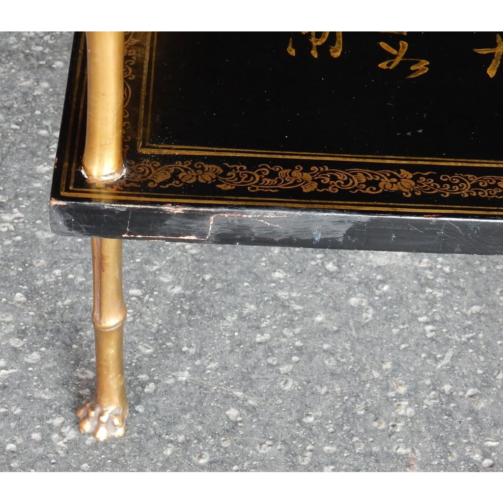 1950′ Table Maison Baguès Décor Bambou en Bronze Doré Avec Plateaux Laque de Chine