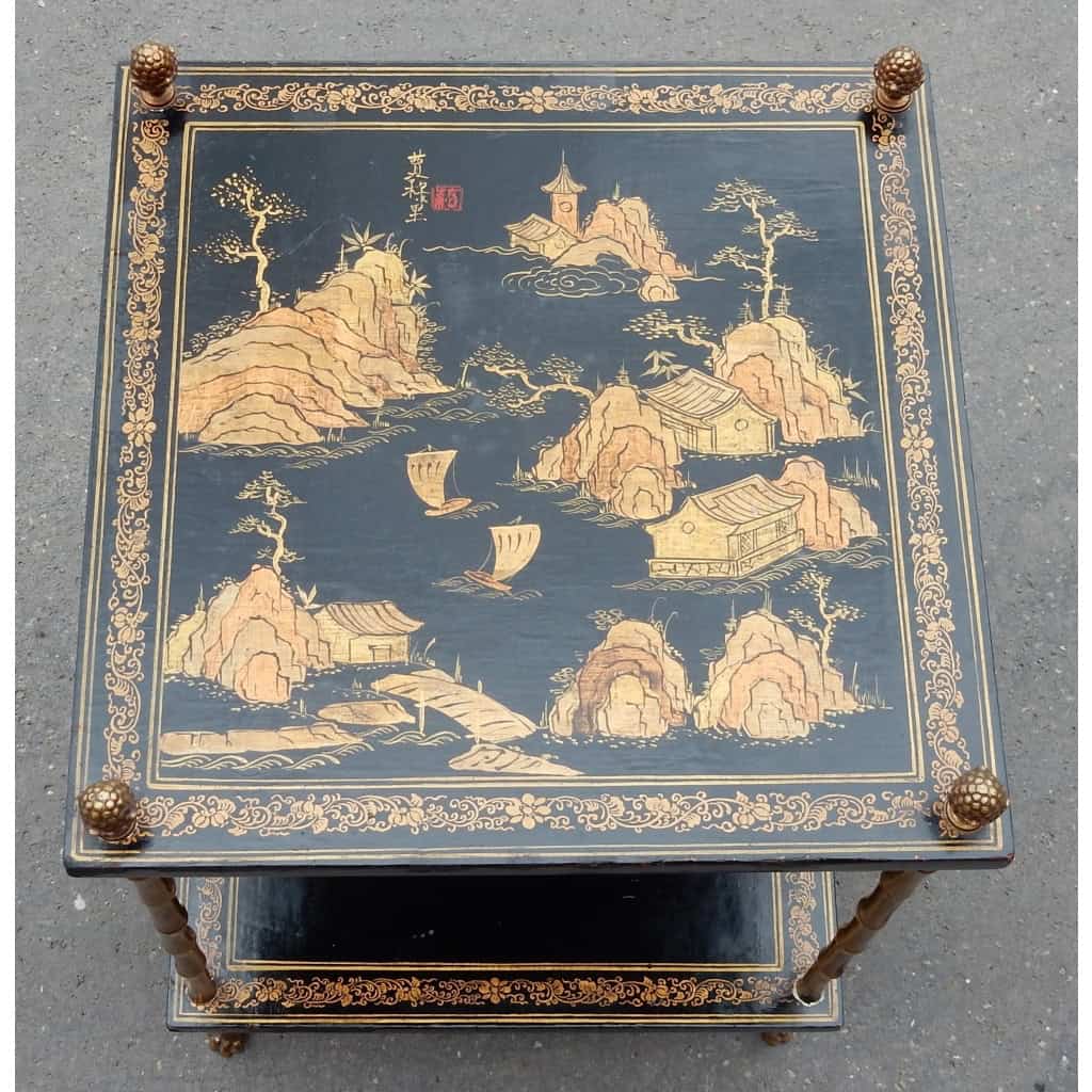 1950′ Table Maison Baguès Décor Bambou en Bronze Doré Avec Plateaux Laque de Chine