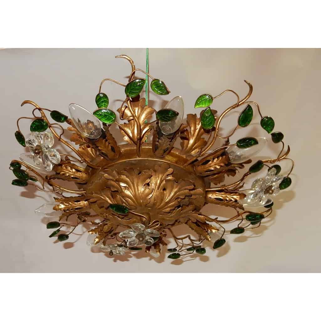 1970′ Plafonnier ou Applique à Décor de Fleurs et Feuilles en Métal Doré Style Maison Baguès Feuilles en Verre Coloré Vert | Biron |||||