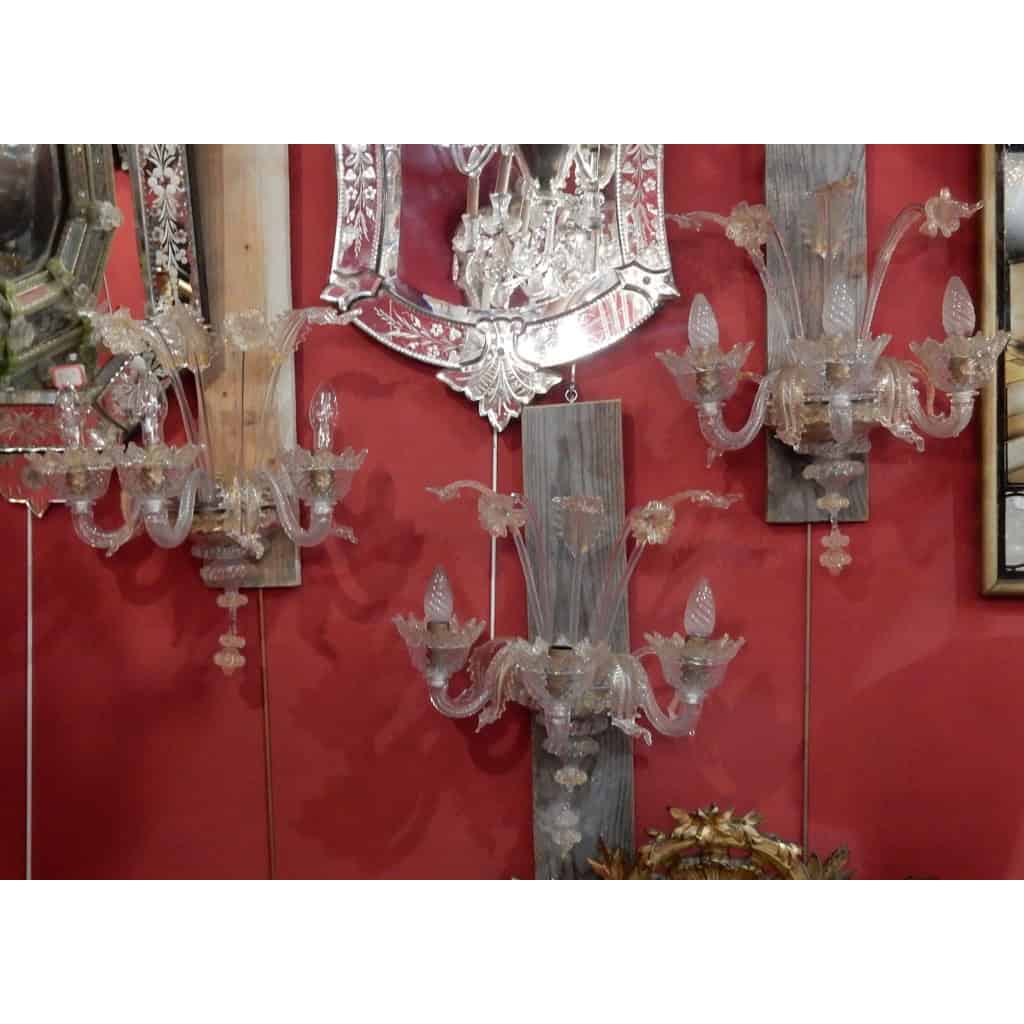 1950/70' Suite de 3 Appliques à 3 Bras de Lumière en Cristal de Murano Avec Paillons d'Or