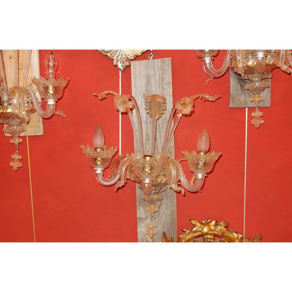 1950/70' Suite de 3 Appliques à 3 Bras de Lumière en Cristal de Murano Avec Paillons d'Or